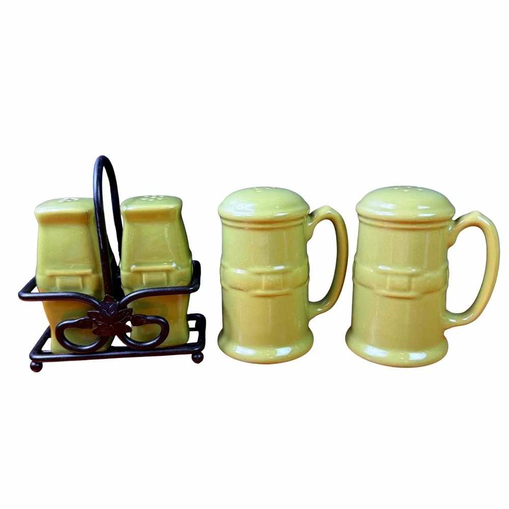 Longaberger Salt Pepper Shakers 2 Sets Sage Green Woven Ceramic Iron Caddy